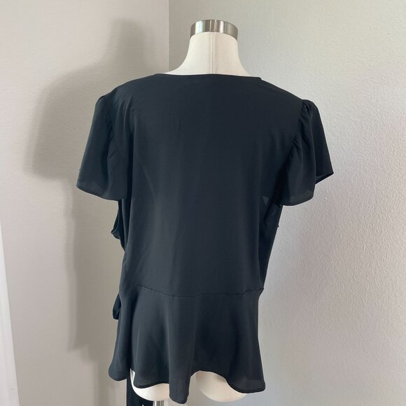 Loft Womens Plus 26 Black Wrap Top Short Flutter Sleeves Blouse Shirt - Picture 7 of 7